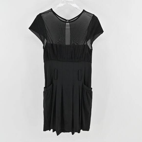Alice Olivia Black Pleated Dress Size 10 Wool Blend Sheer Short Sleeve Mini - Picture 2 of 13
